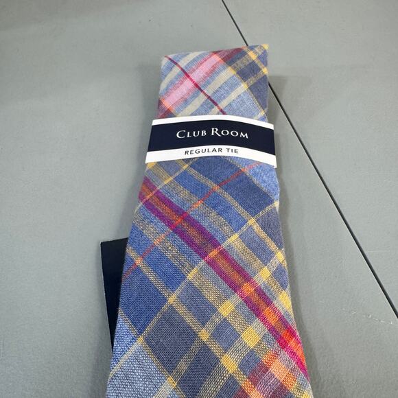 Club Room Mens Necktie Webster Plaid Blue  Office Professional 100% Linen  New - Picture 1 of 9